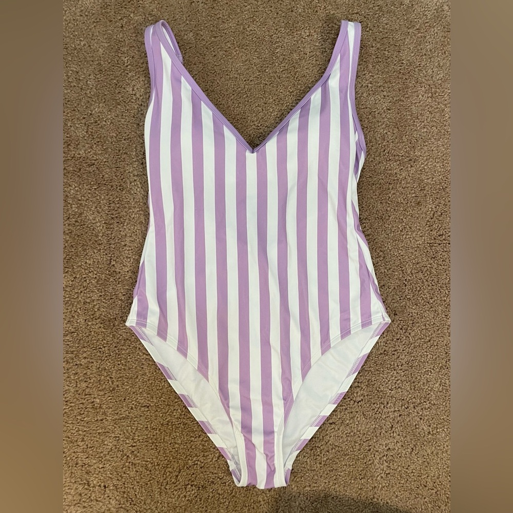 Kona Sol Lavender and White Striped V-neck One-Piece Swimsuit